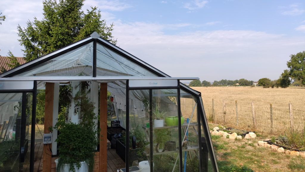 Ein Gewächshaus unter blauem Sommerhimmel